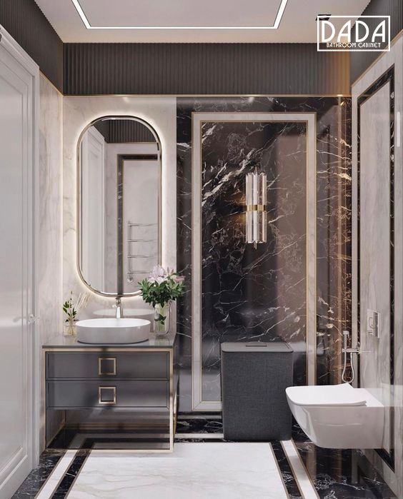 Một phòng tắm nhỏ với tone màu xám đen tạo không gian sang trọng và lịch lãm, mang đến sự đẳng cấp và hiện đại cho không gian phòng tắm. Sự kết hợp của màu xám và đen tạo nên không gian phòng tắm độc đáo và ấn tượng